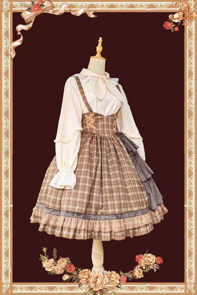 Infanta Morning Tune Brown Plaid High Waist Lolita Jumper Coat