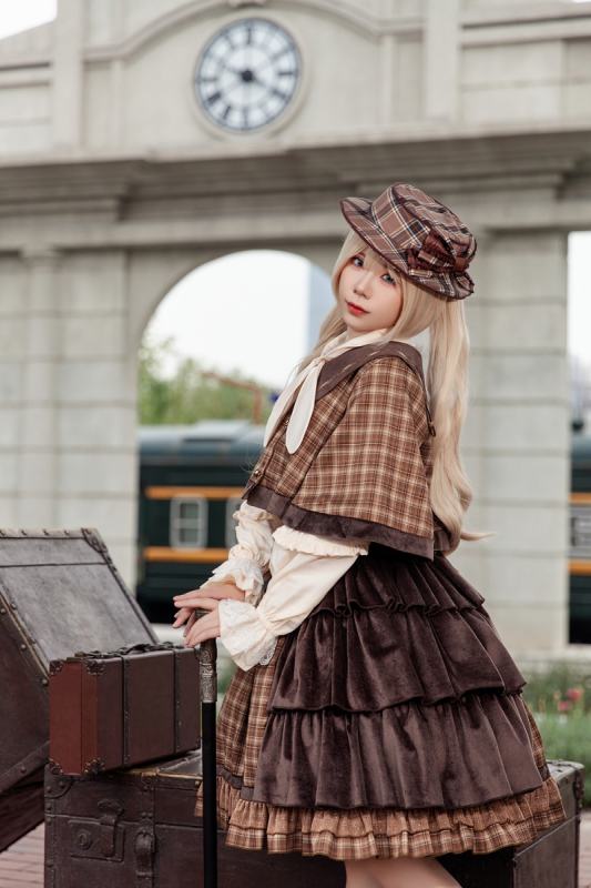 Infanta Morning Tune Brown Plaid High Waist Lolita Jumper Coat