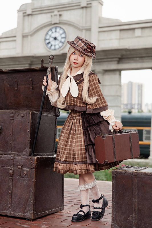 Infanta Morning Tune Brown Plaid High Waist Lolita Jumper Coat