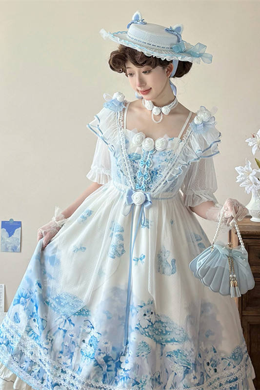 The Dream of Blue Porcelain Blue Print Lolita Straps Jumper