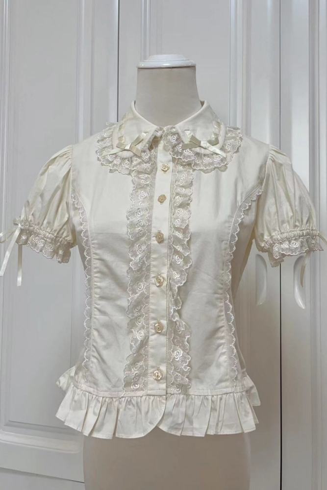 Retro Bow Lace White Short Sleeves Blouse