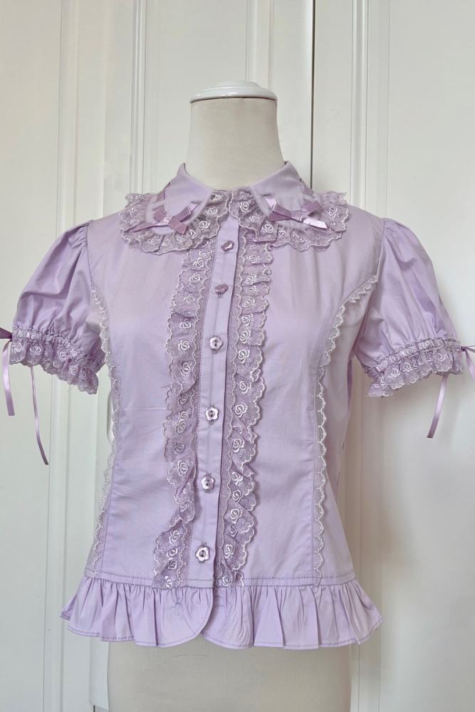 Retro Bow Lace White Short Sleeves Blouse