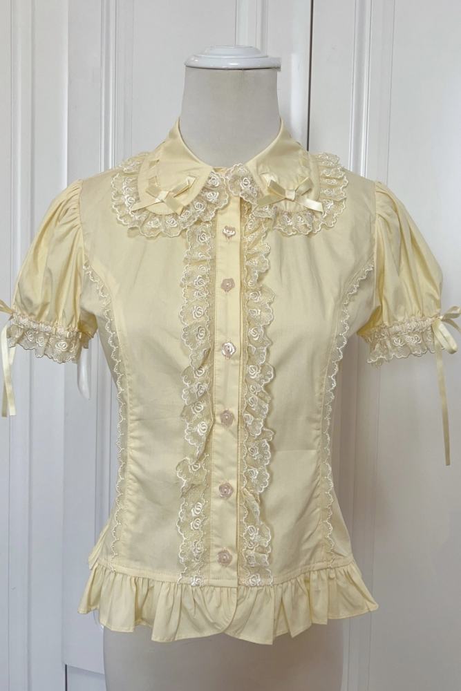Retro Bow Lace White Short Sleeves Blouse