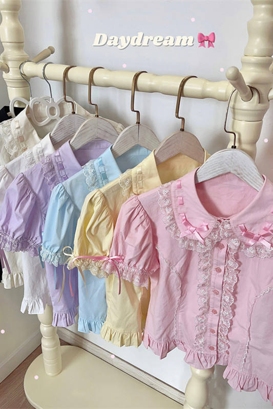 Retro Bow Lace White Short Sleeves Blouse