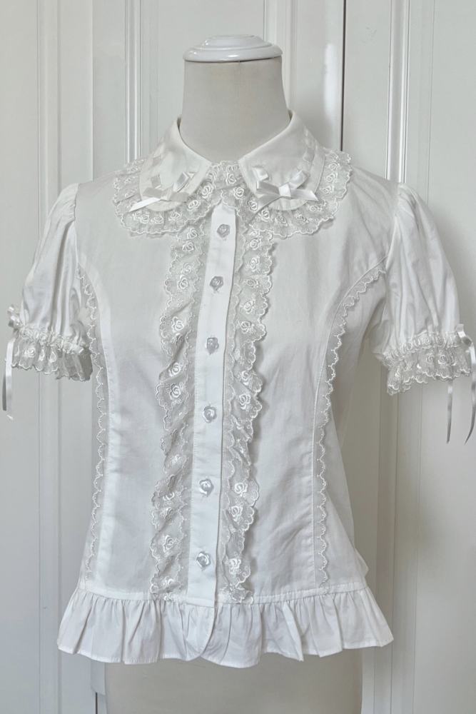 Retro Bow Lace White Short Sleeves Blouse