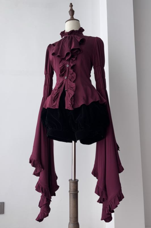 Twilight Prayer Dark Red Super Long Fluffy Sleeves Lolita Blouse