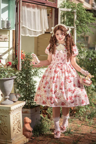 Strawberry Postmark Summer Embroidered Lace Collar Pink OP Lolita Dress