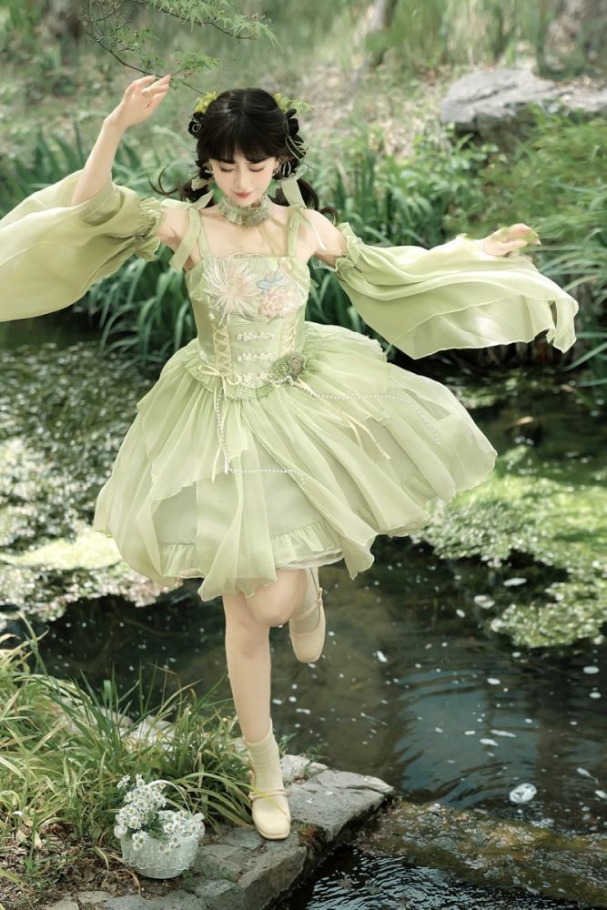 Tsinghua Dew Hanfu Style Green Jumper Lolita Set