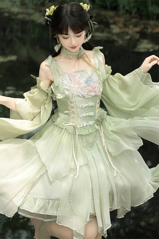 Tsinghua Dew Hanfu Style Green Jumper Lolita Set