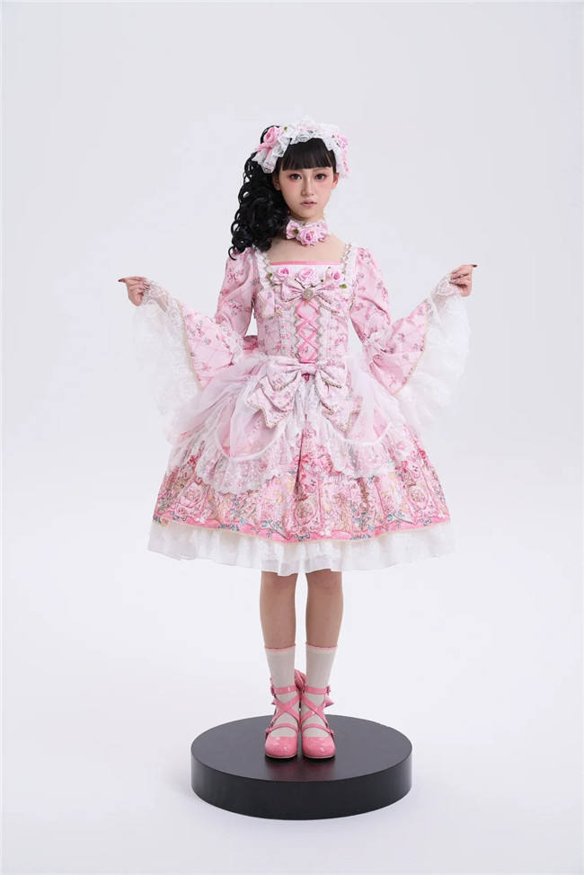 Romantic Rose Puff Sleeves Pink OP Lolita Set