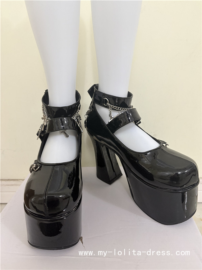 Black Shiny High Platform Punk Lolita Shoes $57.99-Princess