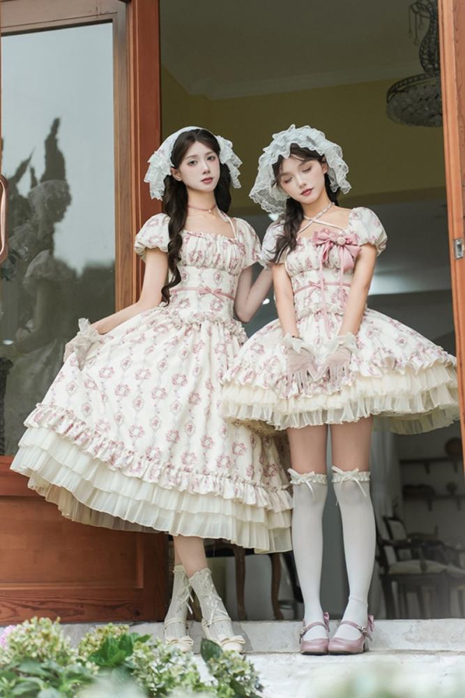 Withpuji Roses after Rain Apricot Printed Dress Lolita Clothes