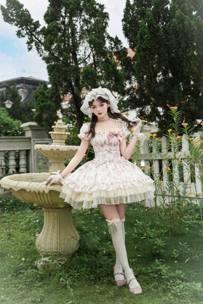 Withpuji Roses after Rain Apricot Printed Dress Lolita Clothes