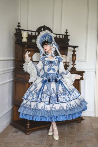 Bramble Rose Blue and White Porcelain Blue Hime Lolita Dress