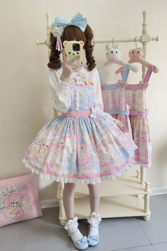 (BFM) Bears Prints Sweet Lolita Salopette Dress Blouse