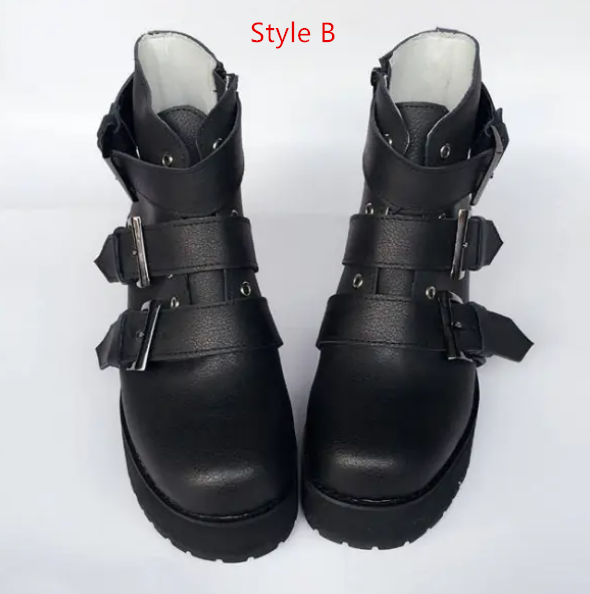 Matte Black Buckles Lolita Short Boots