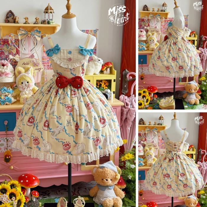 Ribbon Kitten Sweet Print Jumper Dress Lolita Clothes Custom-Tailor