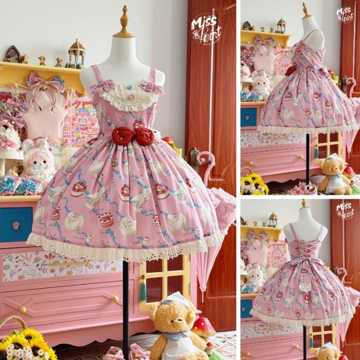 Ribbon Kitten Sweet Print Jumper Dress Lolita Clothes Custom-Tailor