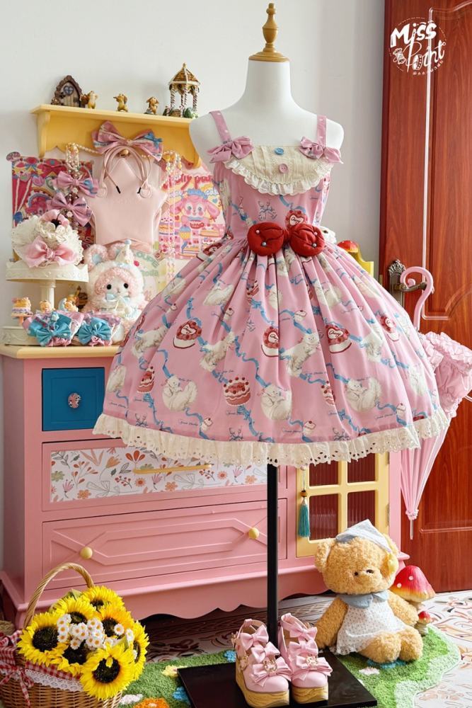 Ribbon Kitten Sweet Print Jumper Dress Lolita Clothes Custom-Tailor