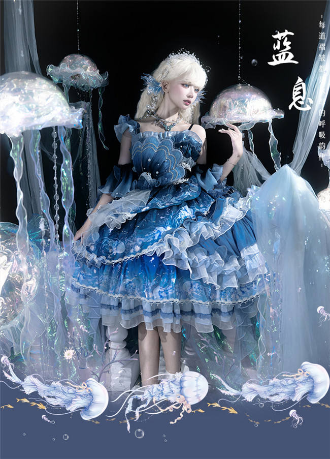 Ying Luo Fu Blue Jellyfish Ombre Classic Lolita Dress and Accessories