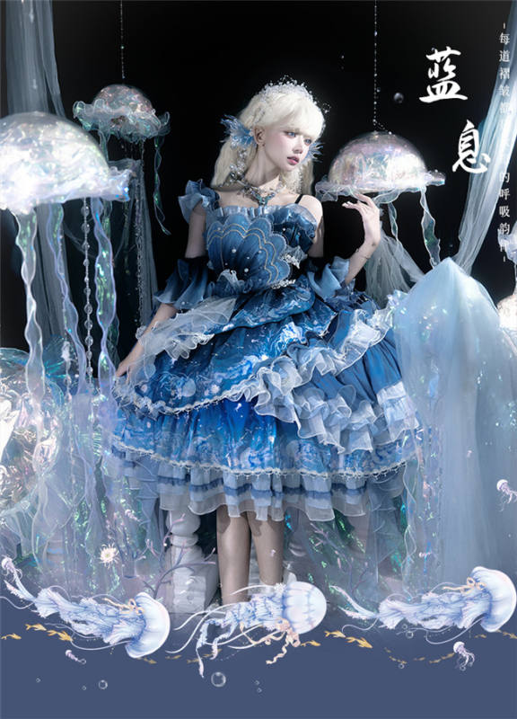 Ying Luo Fu Blue Jellyfish Ombre Classic Lolita Dress and Accessories