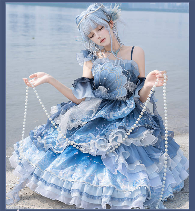 Ying Luo Fu Blue Jellyfish Ombre Classic Lolita Dress and Accessories