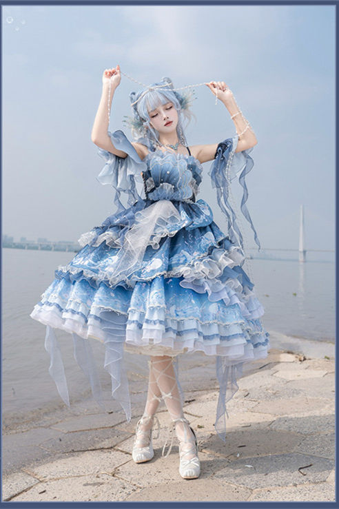 Ying Luo Fu Blue Jellyfish Ombre Classic Lolita Dress and Accessories