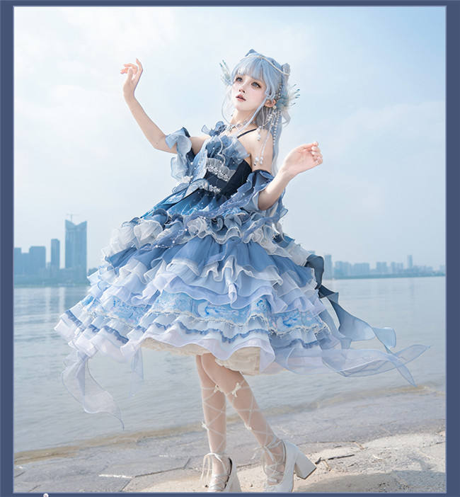 Ying Luo Fu Blue Jellyfish Ombre Classic Lolita Dress and Accessories