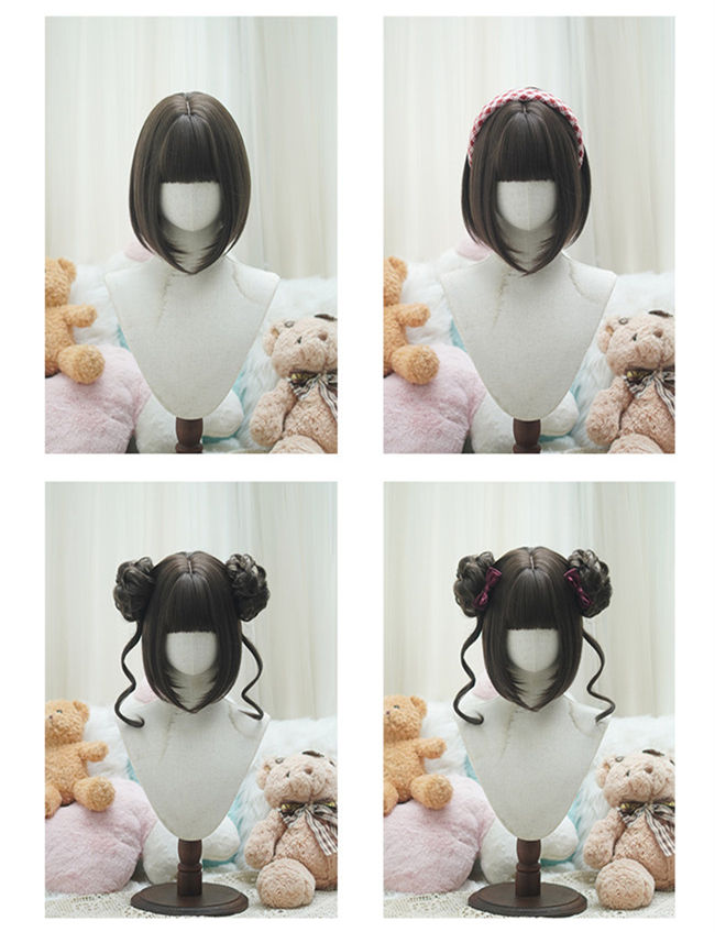 Yuchashui Sweetheart Bobo Cut Lolita Wig and Double Bun Hairstyle