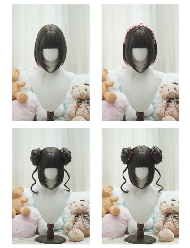 Yuchashui Sweetheart Bobo Cut Lolita Wig and Double Bun Hairstyle
