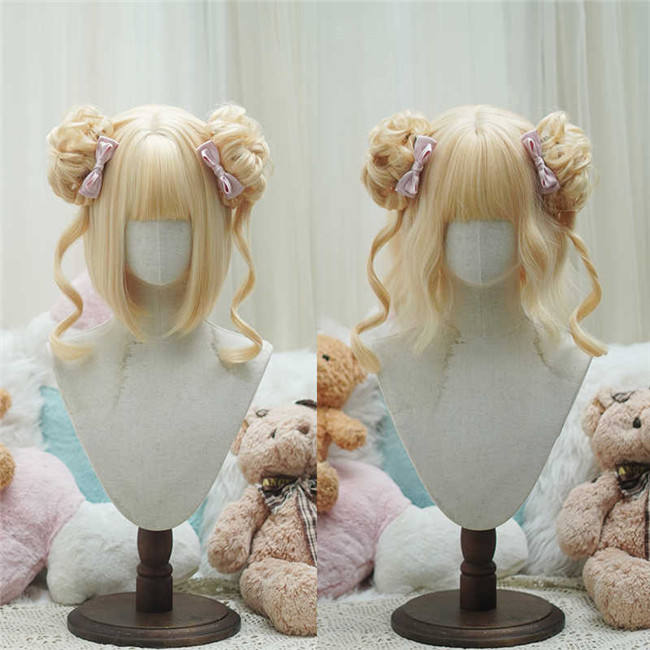 Yuchashui Sweetheart Bobo Cut Lolita Wig and Double Bun Hairstyle