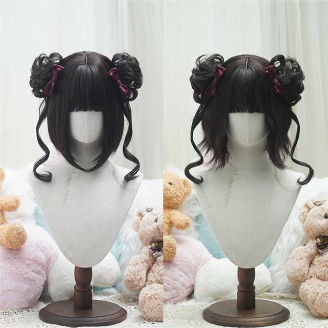 Yuchashui Sweetheart Bobo Cut Lolita Wig and Double Bun Hairstyle
