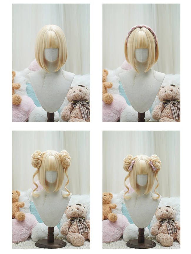 Yuchashui Sweetheart Bobo Cut Lolita Wig and Double Bun Hairstyle