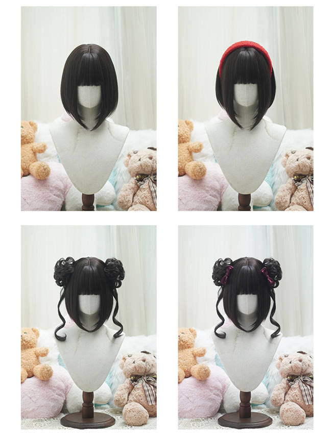 Yuchashui Sweetheart Bobo Cut Lolita Wig and Double Bun Hairstyle