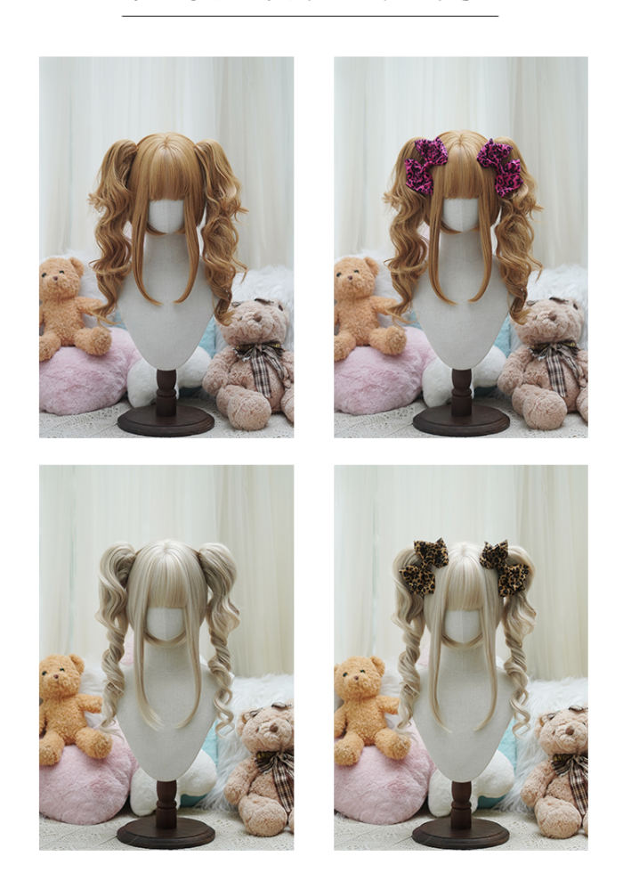 Yuchashui Retro Sweetheart Bobo Cut Lolita Wig and Curls Double Ponytails