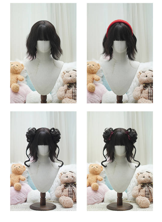 Yuchashui Sweetheart Bobo Cut Lolita Wig and Double Bun Hairstyle
