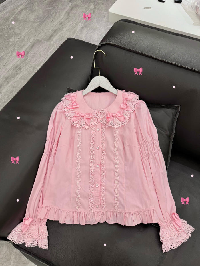 Retro Bow Lace Long and Short Sleeve Blouse