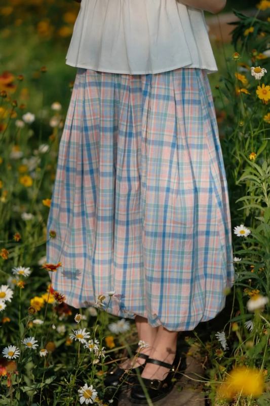 Bring Dreams Plaid Flowers Bud Skirt Mori Kei Fashion