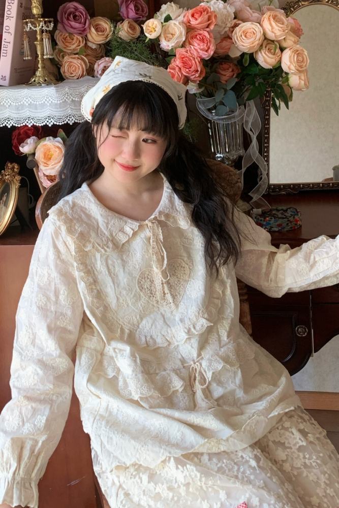 Sweet Embroidered Patchwork Long Sleeve Blouse Mori Kei Fashion