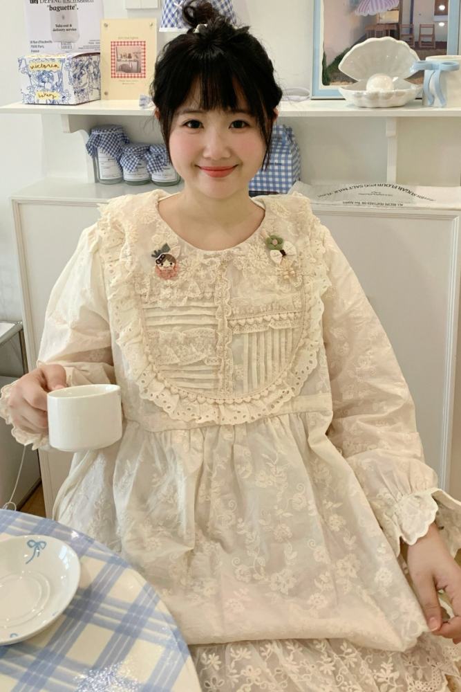Sweet Embroidered Patchwork Long Sleeve Blouse Mori Kei Fashion