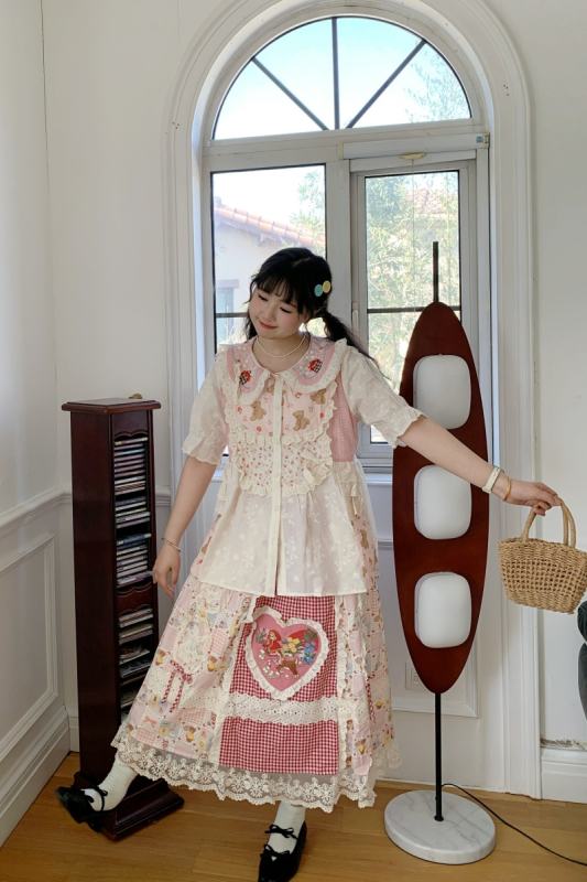 Embroidered Collage Blouse Skirt Mori Kei Fashion