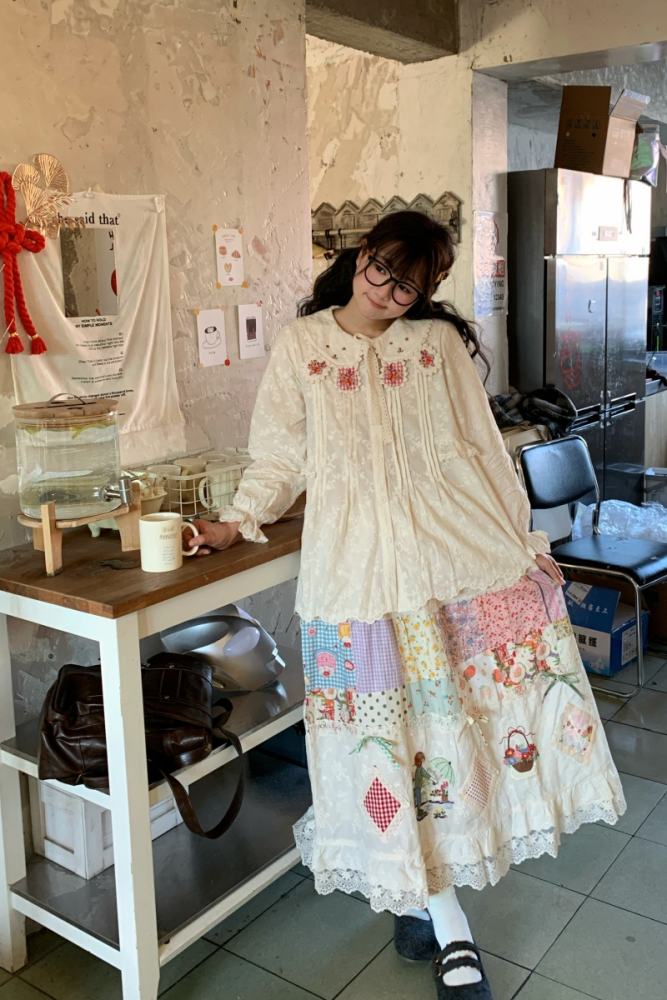 Embroidered Lace Patchwork Skirt Mori Kei Fashion