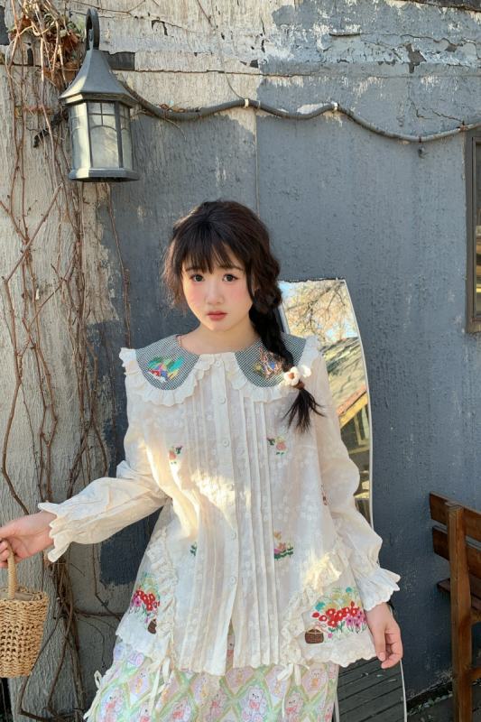 Sweet Embroidered Patchwork Long Sleeve Blouse Mori Kei Fashion