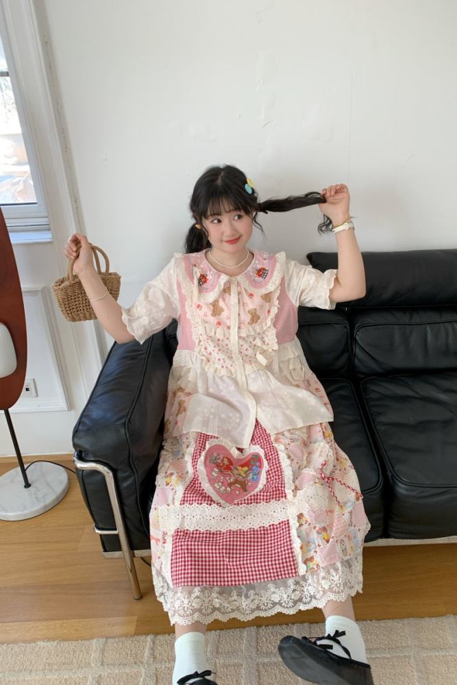 Embroidered Collage Blouse Skirt Mori Kei Fashion