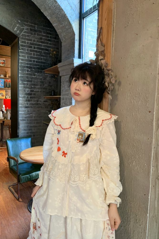 Sweet Embroidered Patchwork Long Sleeve Blouse Mori Kei Fashion