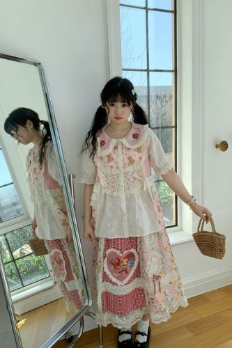 Embroidered Collage Blouse Skirt Mori Kei Fashion