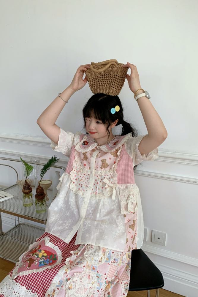 Embroidered Collage Blouse Skirt Mori Kei Fashion