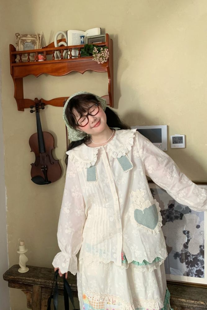Sweet Embroidered Patchwork Long Sleeve Blouse Mori Kei Fashion