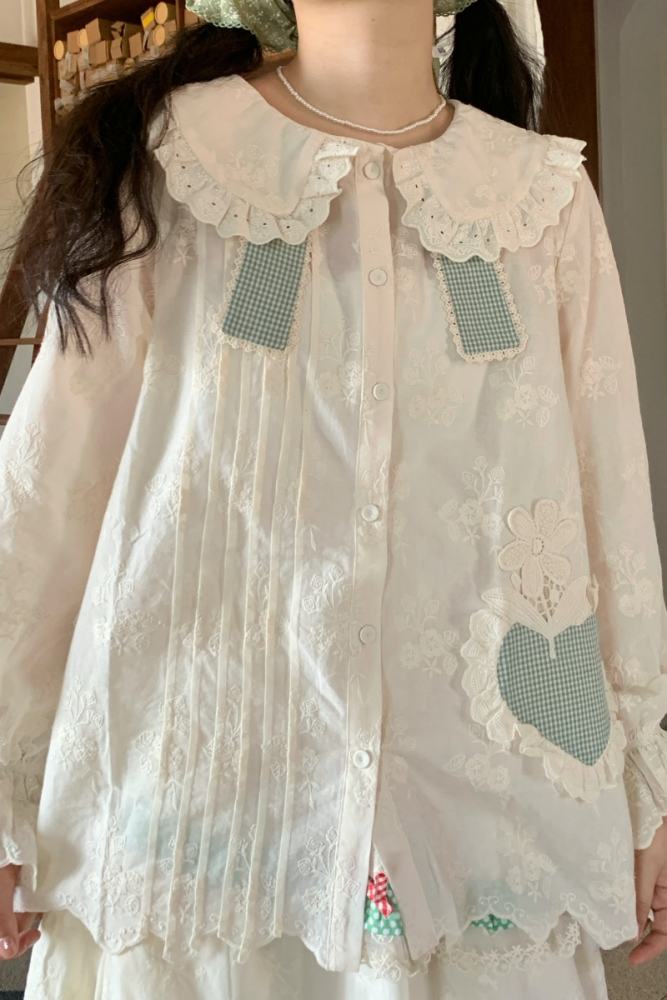 Sweet Embroidered Patchwork Long Sleeve Blouse Mori Kei Fashion