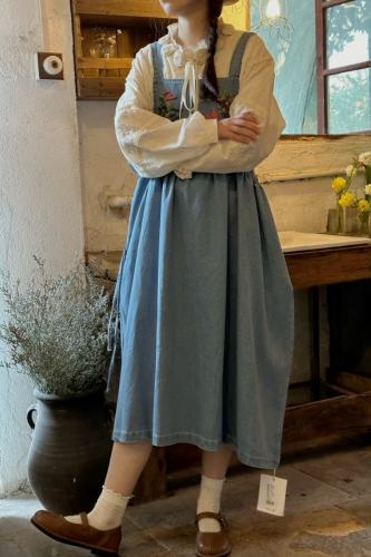 Retro Floral Denim Salopette Mori Kei Fashion
